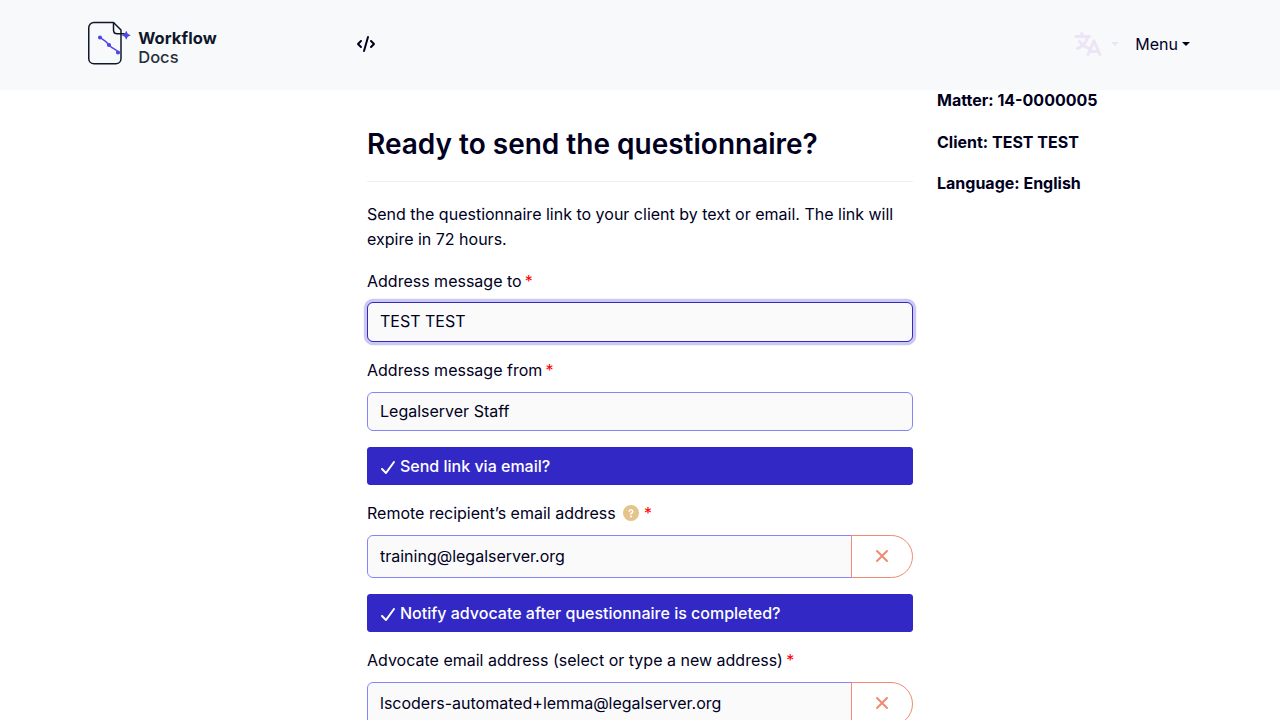 Questionnaire Initial Screen